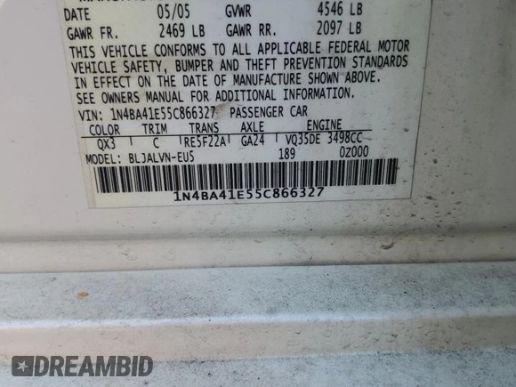 2005 Nissan Maxima 3.5 SL with VIN 1N4BA41E55C866327, listed as a Copart auction lot 74265314 with 172,860 mi miles and Salvage Title. Bid and sale history available at carsss.com. Image 12.