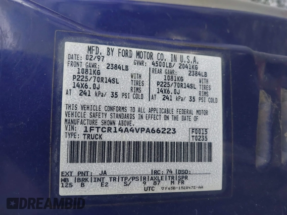1997 Ford Ranger XL with VIN 1FTCR14A4VPA66223, listed as a IAAI auction lot 41921556 with 216,599 mi miles and . Bid and sale history available at DreamBid. Image 9.
