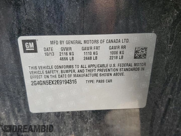 2014 Buick Regal Premium I with VIN 2G4GN5EX2E9194316, listed as a Copart auction lot 58245305 with 119,939 mi miles and Salvage title. Bid and sale history available at DreamBid. Image 13.