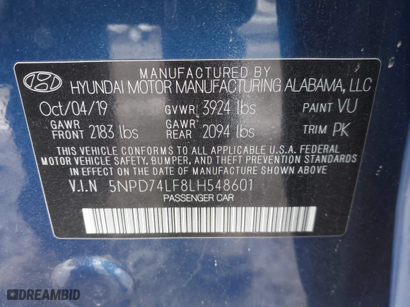 2020 Hyundai Elantra SE with VIN 5NPD74LF8LH548601, listed as a IAAI auction lot 42022059 with 95,497 mi miles. Bid and sale history available at carsss.com. Image 9.