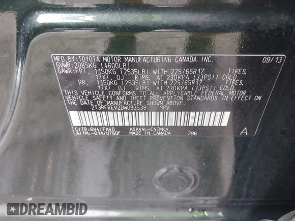 2013 Toyota RAV4 XLE with VIN 2T3RFREV2DW093538, listed as a IAAI auction lot 42404926 with 55,215 mi miles and . Bid and sale history available at DreamBid. Image 9.