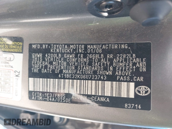 2006 Toyota Camry STD with VIN 4T1BE32K06U723743, listed as a IAAI auction lot 42088123 with 181,495 mi miles and . Bid and sale history available at DreamBid. Image 9.