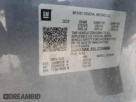 2020 GMC Acadia SLT z VIN 1GKKNMLS1LZ158866, wystawiony jako Copart lot #54970615 z przebiegiem 84 462 mil mil oraz Szkoda całkowita • Salvage title. Historia ofert i sprzedaży dostępna na DreamBid. Obrazek 13.