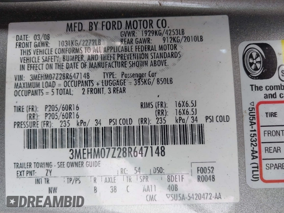 2008 Mercury Milan with VIN 3MEHM07Z28R647148, listed as a IAAI auction lot 42185156 with 102,521 mi miles and . Bid and sale history available at DreamBid. Image 9.