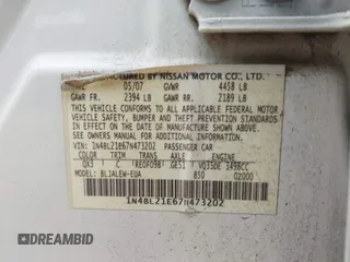 2007 Nissan Altima SL with VIN 1N4BL21E67N473202, listed as a IAAI auction lot 41831129 with 177,931 mi miles and . Bid and sale history available at DreamBid. Image 9.
