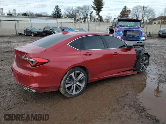 2021 Acura TLX w/Advance Package with VIN 19UUB5F67MA009722, listed as a Copart auction lot 43056775 with 27,394 mi miles and Salvage Title. Bid and sale history available at carsss.com. Image 3.