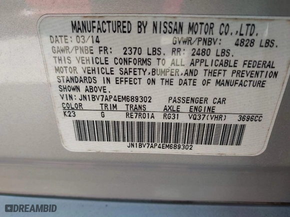 2014 Infiniti Q50 Premium with VIN JN1BV7AP4EM689302, listed as a IAAI auction lot 41706064 with 1 miles. Bid and sale history available at carsss.com. Image 9.