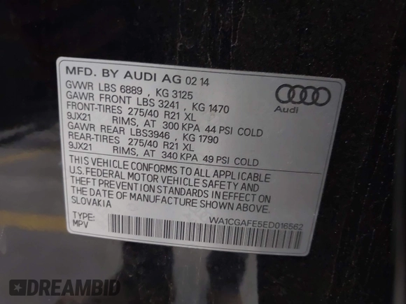 2014 Audi Q7 3.0T Premium with VIN WA1CGAFE5ED016562, listed as a IAAI auction lot 40987812 with 154,628 mi miles. Bid and sale history available at carsss.com. Image 9.
