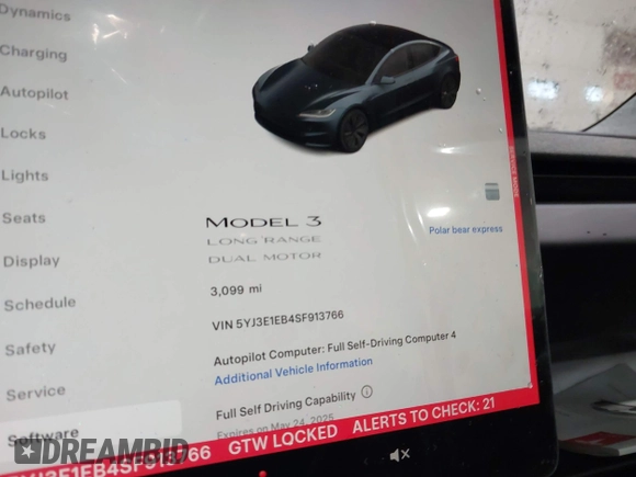 2025 Tesla Model 3 Long Range with VIN 5YJ3E1EB4SF913766, listed as a IAAI auction lot 41975164 with 3,099 mi miles and . Bid and sale history available at DreamBid. Image 7.
