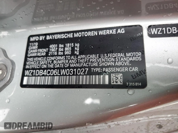 2020 Toyota Supra 3.0 with VIN WZ1DB4C06LW031027, listed as a Copart auction lot 55743535 with Not provided miles and Salvage title. Bid and sale history available at DreamBid. Image 12.