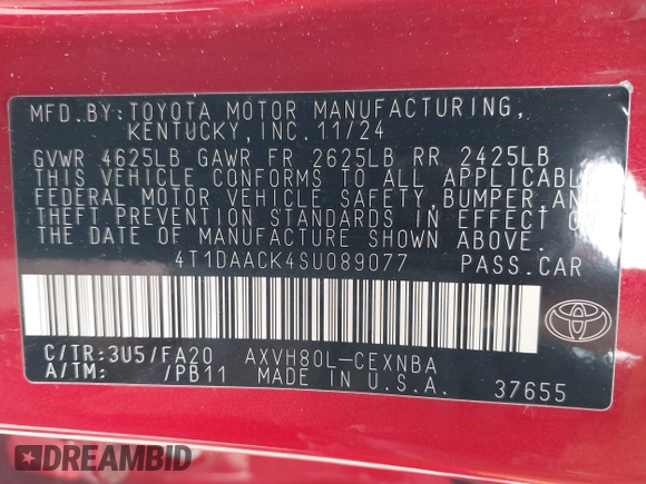 2025 Toyota Camry LE with VIN 4T1DAACK4SU089077, listed as a IAAI auction lot 42166255 with 384 mi miles and . Bid and sale history available at DreamBid. Image 9.