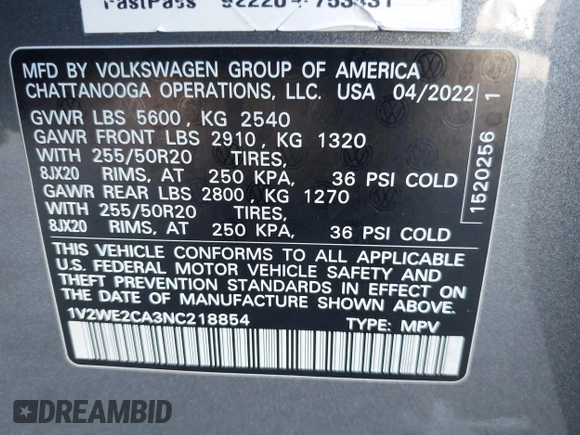 2022 Volkswagen Atlas SE с VIN 1V2WE2CA3NC218854, выставлен на аукционе IAAI как лот 41931015 с пробегом 49 855 миль миль и . История ставок и продаж доступна на DreamBid. Изображение 9.