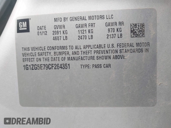 2012 Chevrolet Malibu LTZ with VIN 1G1ZG5E79CF264351, listed as a IAAI auction lot 41465508 with 213,854 mi miles and . Bid and sale history available at DreamBid. Image 9.
