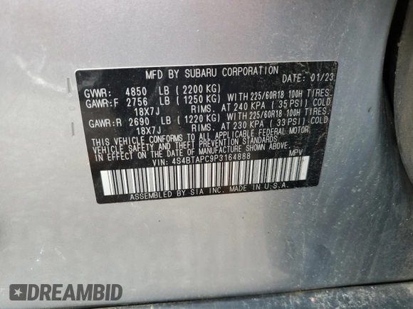 2023 Subaru Outback Touring with VIN 4S4BTAPC9P3164888, listed as a Copart auction lot 64544765 with 37,478 mi miles and Salvage title. Bid and sale history available at DreamBid. Image 13.