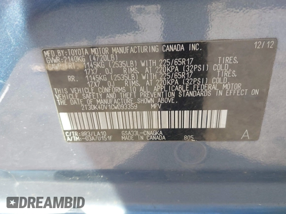 2012 Toyota RAV4 Limited с VIN 2T3DK4DV1CW093359, выставлен на аукционе IAAI как лот 42433686 с пробегом Не указан миль и . История ставок и продаж доступна на DreamBid. Изображение 9.
