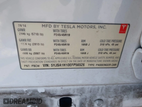 2014 Tesla Model S 60 with VIN 5YJSA1H10EFP56526, listed as a IAAI auction lot 41871784 with 143,361 mi miles and . Bid and sale history available at DreamBid. Image 9.