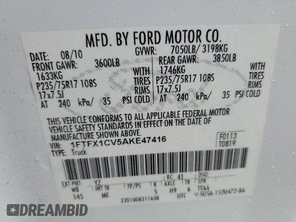 2010 Ford F-150 XL z VIN 1FTFX1CV5AKE47416, wystawiony jako Copart lot #65258895 z przebiegiem 260 458 mil mil oraz Czysty tytuł • Clean title. Historia ofert i sprzedaży dostępna na DreamBid. Obrazek 12.