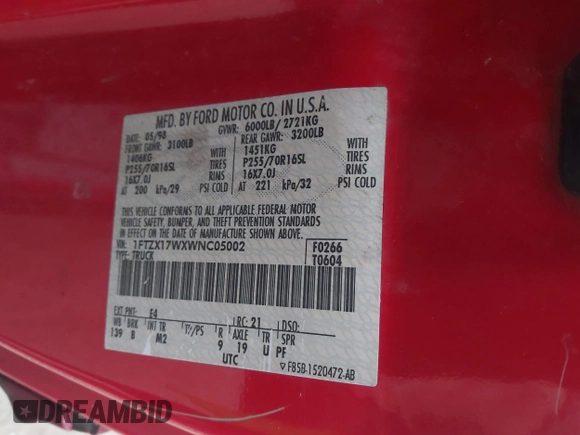 1998 Ford F-150 with VIN 1FTZX17WXWNC05002, listed as a IAAI auction lot 41799463 with 157,453 mi miles and . Bid and sale history available at DreamBid. Image 9.
