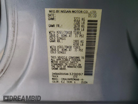 2010 Nissan Titan SE with VIN 1N6BA0EK4AN320097, listed as a Copart auction lot 88395245 with 196,991 mi miles and Salvage Title. Bid and sale history available at carsss.com. Image 12.