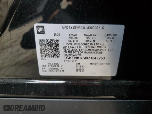2024 GMC Acadia FWD Elevation z VIN 1GKENKKS8RJ247263, wystawiony jako Copart lot #50558675 z przebiegiem 4 299 mil mil oraz Szkoda całkowita • Salvage title. Historia ofert i sprzedaży dostępna na DreamBid. Obrazek 13.