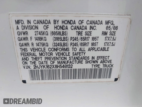 2008 Honda Ridgeline RT z VIN 2HJYK162X8H540132, wystawiony jako IAAI lot #42796783 z przebiegiem 226 779 mil mil oraz . Historia ofert i sprzedaży dostępna na DreamBid. Obrazek 9.