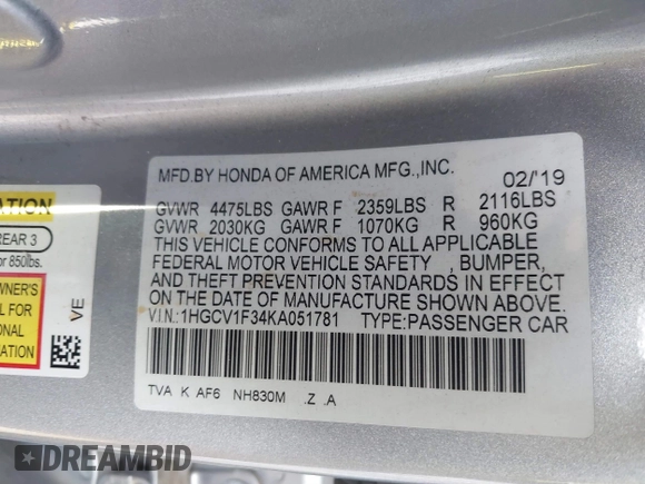 2019 Honda Accord Sedan Sport 1.5T with VIN 1HGCV1F34KA051781, listed as a IAAI auction lot 41829995 with 112,259 mi miles. Bid and sale history available at carsss.com. Image 9.