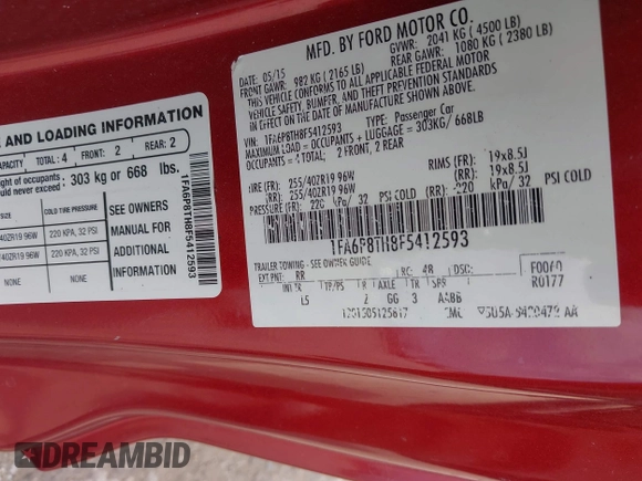 2015 Ford Mustang EcoBoost with VIN 1FA6P8TH8F5412593, listed as a IAAI auction lot 42452873 with Not provided miles and . Bid and sale history available at DreamBid. Image 9.