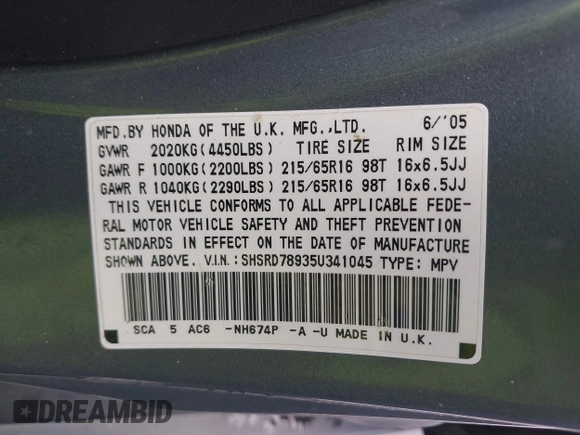 2005 Honda CR-V EX SE with VIN SHSRD78935U341045, listed as a IAAI auction lot 42180069 with 200,537 mi miles and . Bid and sale history available at carsss.com. Image 9.