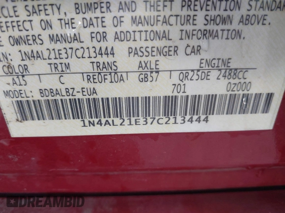 2007 Nissan Altima S with VIN 1N4AL21E37C213444, listed as a IAAI auction lot 42067563 with 186,287 mi miles and . Bid and sale history available at DreamBid. Image 9.