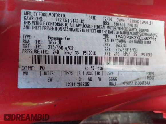 2014 Ford Focus SE with VIN 1FADP3K2XEL462753, listed as a IAAI auction lot 41880695 with 195,569 mi miles. Bid and sale history available at carsss.com. Image 9.