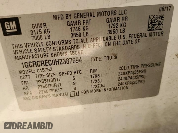 2017 Chevrolet Silverado 1500 LT with VIN 1GCRCREC0HZ387694, listed as a Copart auction lot 52417595 with 154,054 mi miles and Salvage Title. Bid and sale history available at DreamBid. Image 12.