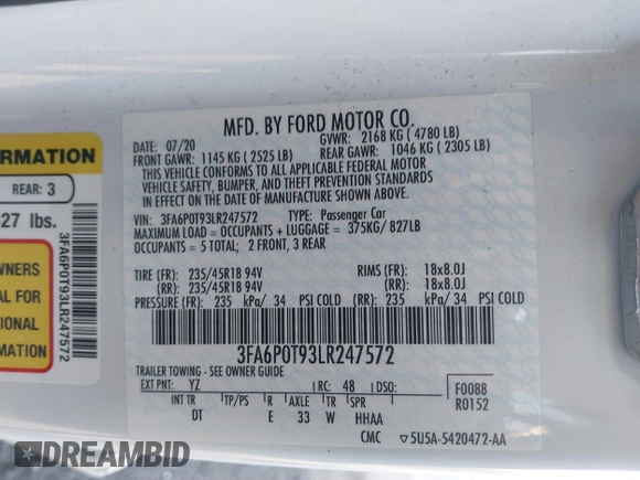 2020 Ford Fusion SE z VIN 3FA6P0T93LR247572, wystawiony jako IAAI lot #40481880 z przebiegiem 59 141 mil mil oraz . Historia ofert i sprzedaży dostępna na DreamBid. Obrazek 9.