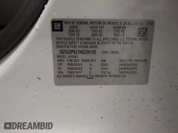 2017 GMC Sierra 1500 Denali with VIN 3GTU2PEJ7HG238165, listed as a IAAI auction lot 41727358 with Not Provided miles and . Bid and sale history available at DreamBid. Image 9.