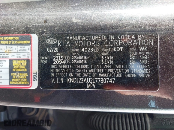 2020 Kia Soul LX with VIN KNDJ23AU2L7730747, listed as a IAAI auction lot 41474294 with 67,975 mi miles. Bid and sale history available at carsss.com. Image 9.