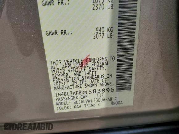 2013 Nissan Altima SV with VIN 1N4BL3AP8DN583896, listed as a Copart auction lot 57999765 with 208,346 mi miles and Salvage title. Bid and sale history available at DreamBid. Image 12.