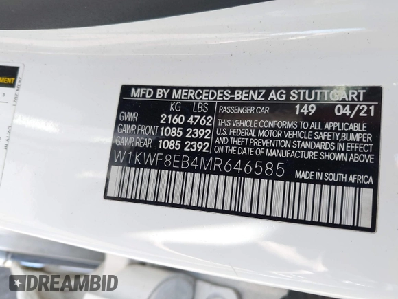 2021 Mercedes-Benz C 300 with VIN W1KWF8EB4MR646585, listed as a IAAI auction lot 42544380 with 21,610 mi miles and . Bid and sale history available at DreamBid. Image 9.