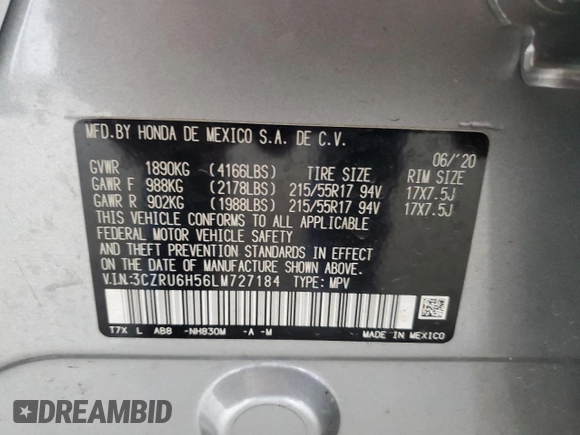 2020 Honda HR-V EX with VIN 3CZRU6H56LM727184, listed as a Copart auction lot 48011535 with 52,093 mi miles and Salvage Title. Bid and sale history available at carsss.com. Image 13.