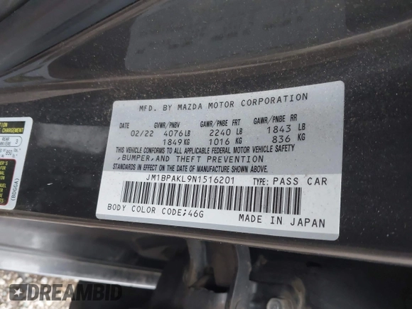 2022 Mazda 3 Select with VIN JM1BPAKL9N1516201, listed as a IAAI auction lot 41877782 with 54,506 mi miles and . Bid and sale history available at DreamBid. Image 9.
