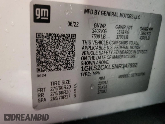 2022 GMC Yukon AT4 with VIN 1GKS2CKL5NR347892, listed as a Copart auction lot 69188734 with 38,609 mi miles and Clean Title. Bid and sale history available at carsss.com. Image 14.