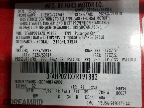 2007 Ford Fusion SEL with VIN 3FAHP021X7R191883, listed as a Copart auction lot 50610445 with 143,237 mi miles and Salvage Title. Bid and sale history available at carsss.com. Image 13.