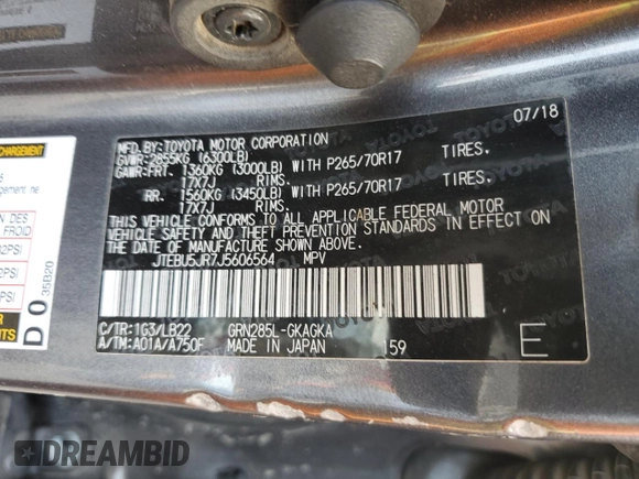 2018 Toyota 4Runner SR5 with VIN JTEBU5JR7J5606564, listed as a Copart auction lot 82647504 with 149,936 mi miles and Salvage Title. Bid and sale history available at carsss.com. Image 14.
