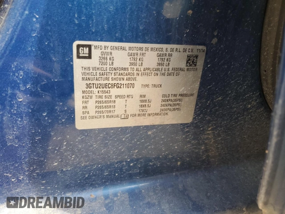 2015 GMC Sierra 1500 SLE z VIN 3GTU2UEC8FG211070, wystawiony jako Copart lot #44584615 z przebiegiem 172 940 mil mil oraz Szkoda całkowita • Salvage title. Historia ofert i sprzedaży dostępna na DreamBid. Obrazek 13.