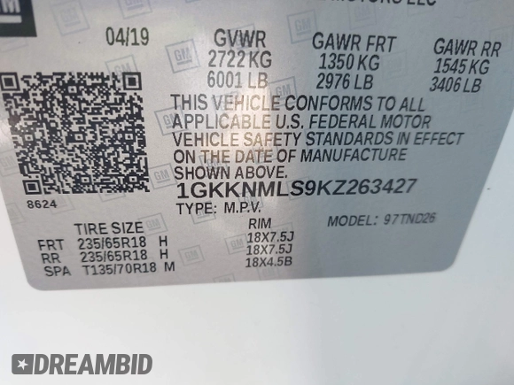 2019 GMC Acadia SLT with VIN 1GKKNMLS9KZ263427, listed as a IAAI auction lot 42628327 with 81,135 mi miles and . Bid and sale history available at DreamBid. Image 9.