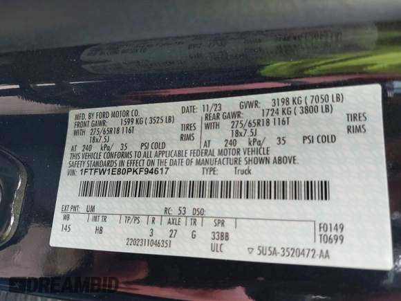 2023 Ford F-150 XL with VIN 1FTFW1E80PKF94617, listed as a IAAI auction lot 42492881 with 27,970 mi miles and . Bid and sale history available at DreamBid. Image 9.