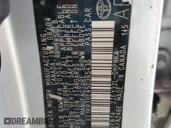 2005 Toyota Matrix STD with VIN 2T1KR30E45C365435, listed as a Copart auction lot 46931675 with 225,671 mi miles and Salvage Title. Bid and sale history available at DreamBid. Image 14.