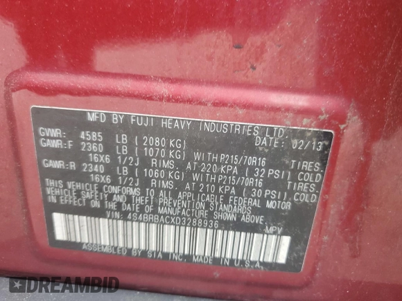 2013 Subaru Outback 2.5i with VIN 4S4BRBACXD3288936, listed as a Copart auction lot 63708595 with 130,760 mi miles and Clean title. Bid and sale history available at DreamBid. Image 12.