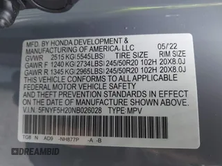 2022 Honda Pilot Special Edition with VIN 5FNYF5H20NB026028, listed as a IAAI auction lot 41801710 with 25,717 mi miles and . Bid and sale history available at carsss.com. Image 9.