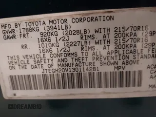 2003 Toyota RAV4 with VIN JTEGH20V130114281, listed as a IAAI auction lot 42144334 with 82,134 mi miles and . Bid and sale history available at carsss.com. Image 9.
