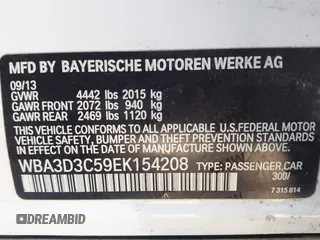 2014 BMW 3 Series 328d with VIN WBA3D3C59EK154208, listed as a IAAI auction lot 41837548 with 72,463 mi miles and . Bid and sale history available at carsss.com. Image 9.