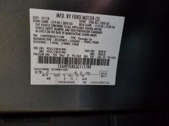 2018 Ford Taurus SEL with VIN 1FAHP2E8XJG111789, listed as a Copart auction lot 46801905 with 59,233 mi miles and Salvage Title. Bid and sale history available at carsss.com. Image 13.